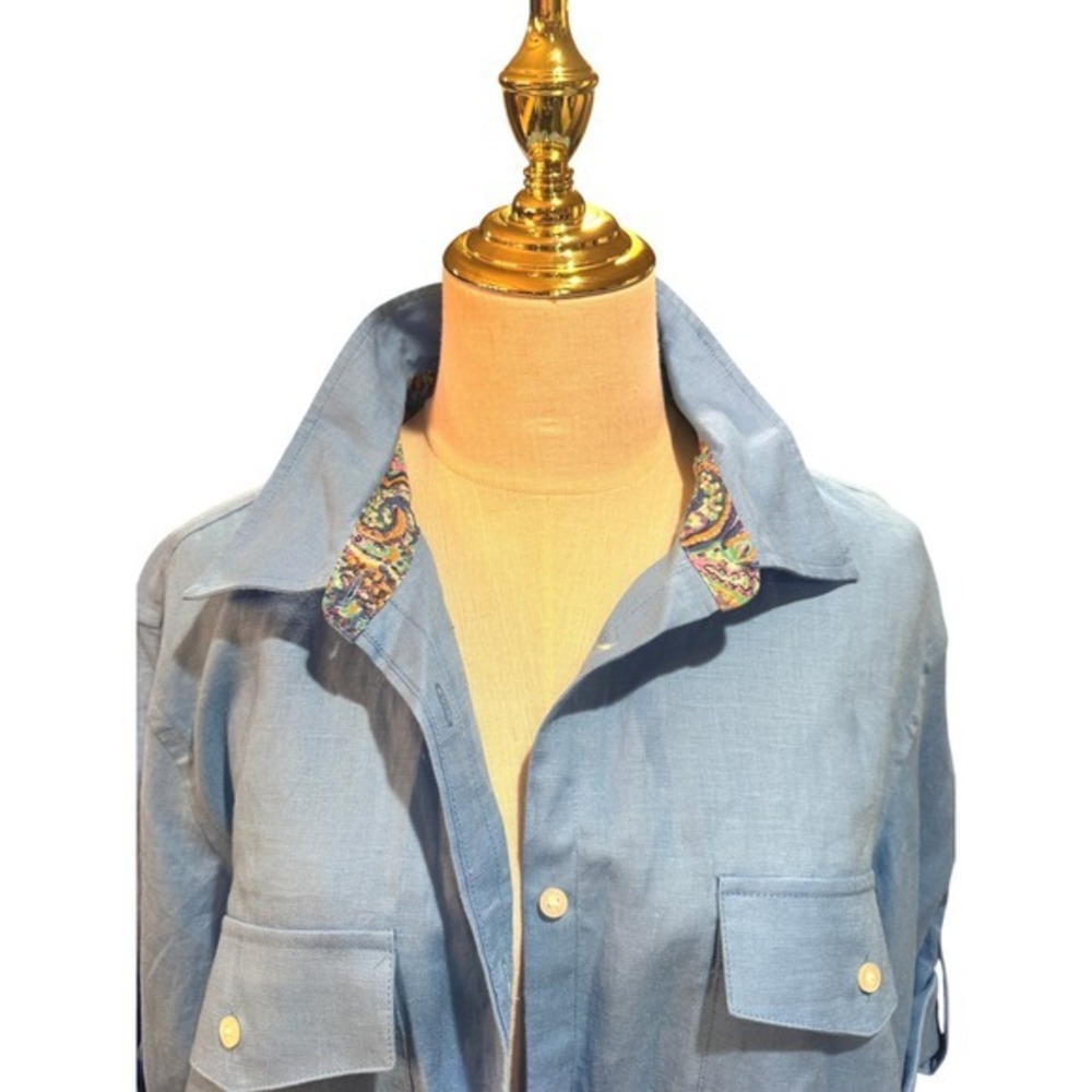 Lauren Ralph Lauren Womens Linen Blend Button Down Sleeve Shirt Blue Large 2X - Picture 3 of 11